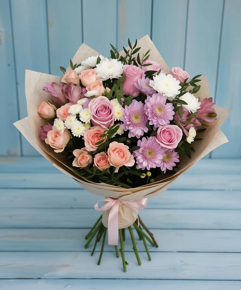 Букет цветов из: Хризантемы, Розы и Альстромерии в Пашию