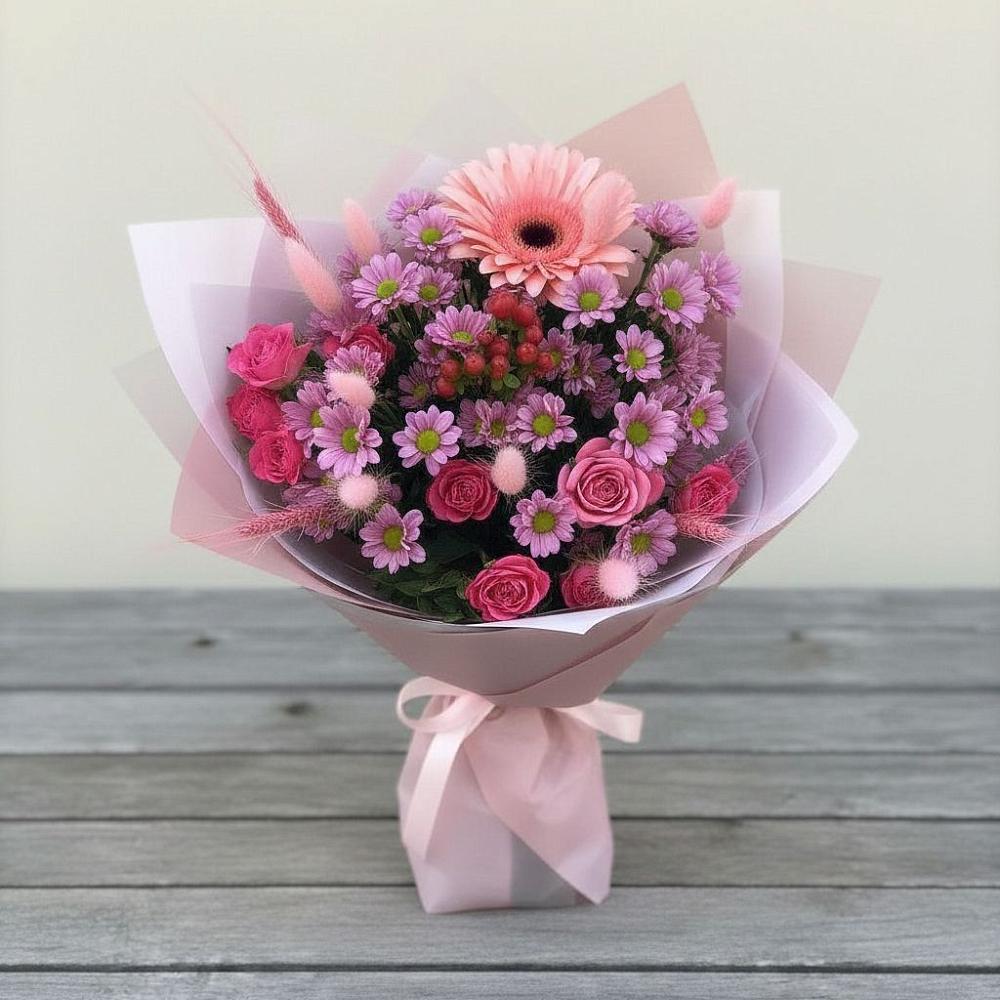 Букет цветов из: Розы, Герберы и Хризантемы в Пашию