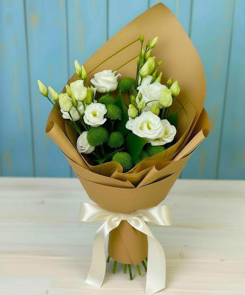 Букет цветов из: Хризантемы и Лизиантусы в Пашию