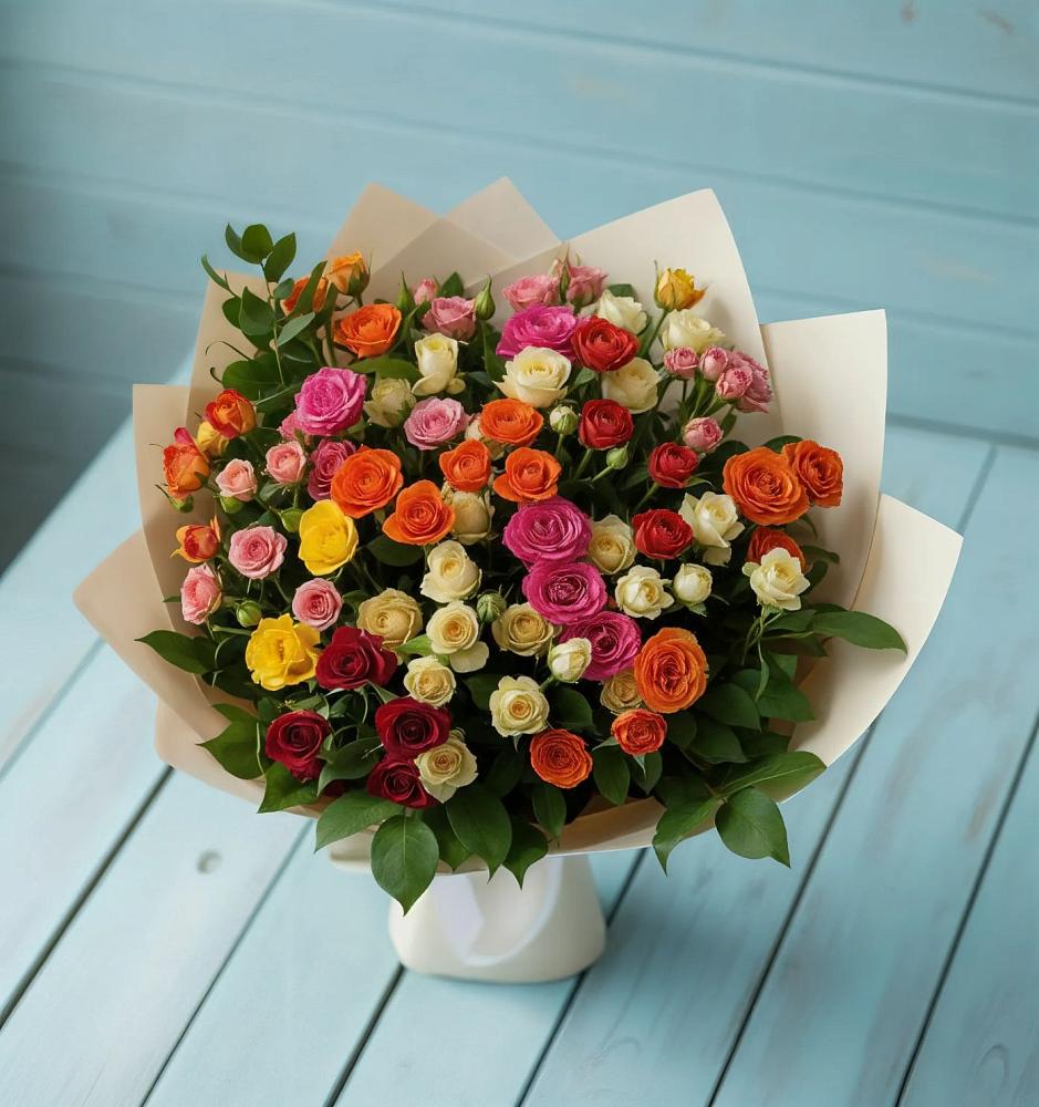 Букет Микс из разноцветных кустовых роз в Пашию