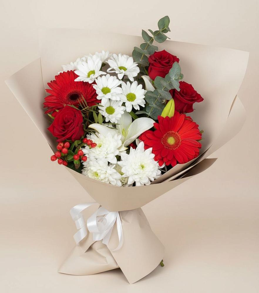Букет цветов из: Розы, Хризантемы, Герберы и Лилии в Пашию