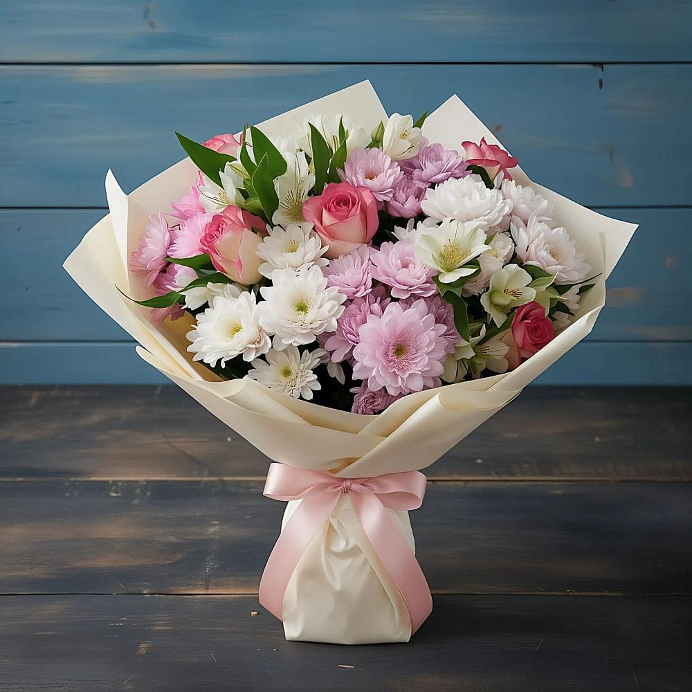 Букет цветов из: Хризантемы, Альстромерии и Розы в Пашию